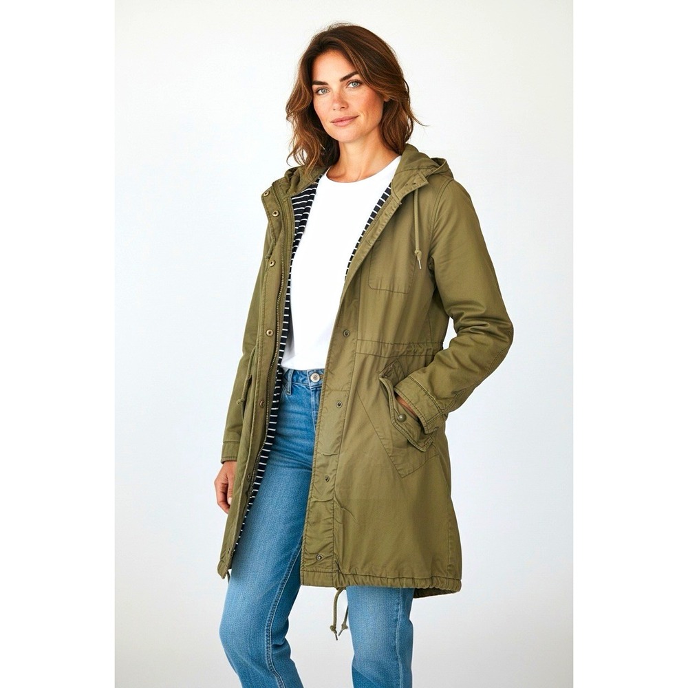 J.CREW Womens Green Hooded Mid-Length Parka Jacket Pockets Snap Waist XS 47864